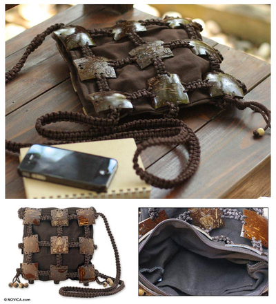 Coconut shell shoulder bag, 'Earth Roses' - Handcrafted Coconut Shell Sling Handbag