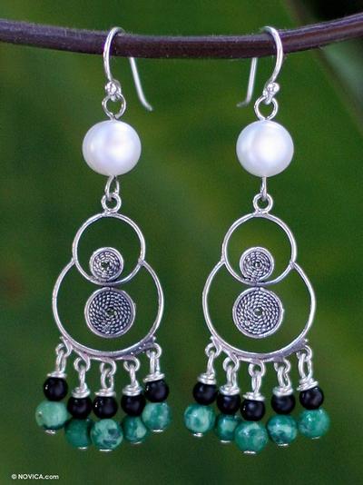 Pearl and malachite chandelier earrings, 'Filigree Falls' - Pearl and malachite chandelier earrings