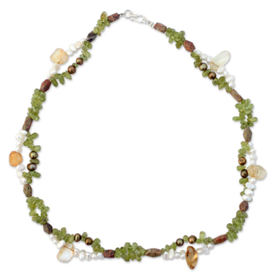 Pearl and peridot beaded necklace, 'Evolution' - Pearl and peridot beaded necklace