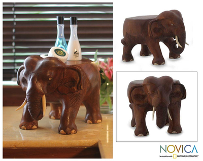 Wood stand, 'Thai Elephant' - Hand Carved Wood Stand