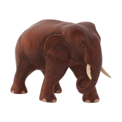 Teak sculpture, 'Elephant Trek' - Hand Carved Teak Wood Sculpture