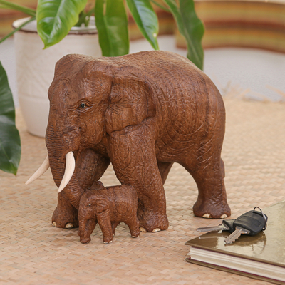 Teak sculptures, 'Father and Son' - Thai Teak Wood Elephant Sculpture