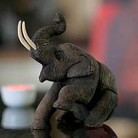 Teak sculpture, 'Happy Elephant'