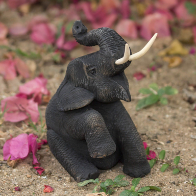 Teak sculpture, 'Happy Elephant' - Unique Teak Wood Sculpture