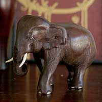 Wood sculpture, 'Powerful Elephant' - Natural Wood Sculpture of the Magnificient Elephant