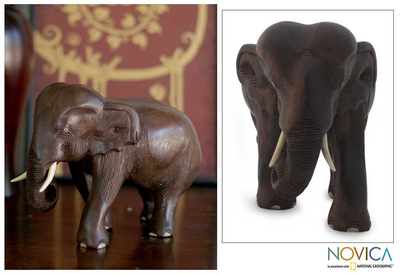 Wood sculpture, 'Powerful Elephant' - Original Wood Elephant Sculpture