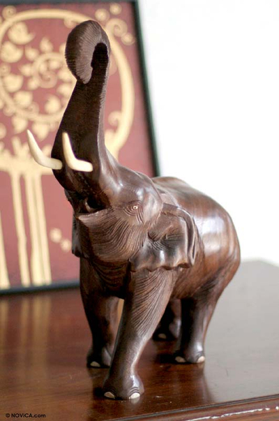 Wood sculpture, 'Trumpeting Elephant' - Wood sculpture