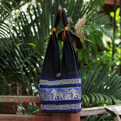 Cotton handbag, 'Elephant Blues' - Thai Cotton Shoulder Bag
