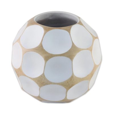 Mango wood vase, 'White Soccer Ball' - Mango wood vase