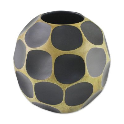 Mango wood vase, 'Black Soccer Ball' - Fair Trade Modern Mango Wood Vase
