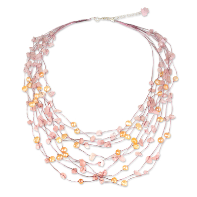 Pearl and rose quartz strand necklace, 'Cascade' - Unique Pearl and Rose Quartz Beaded Necklace