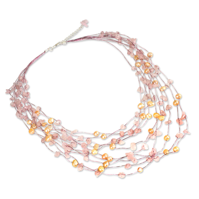 Pearl and rose quartz strand necklace, 'Cascade' - Unique Pearl and Rose Quartz Beaded Necklace