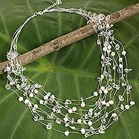 Pearl and quartz strand necklace, 'Cascade' - Handmade Bridal Beaded Quartz and Pearl Necklace