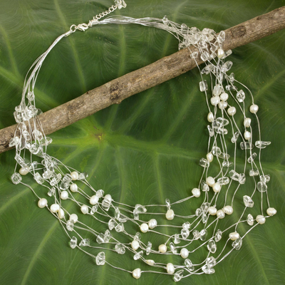 Collar de hilo de perlas y cuarzos - Collar de perlas y cuarzo con cuentas de novia hecho a mano