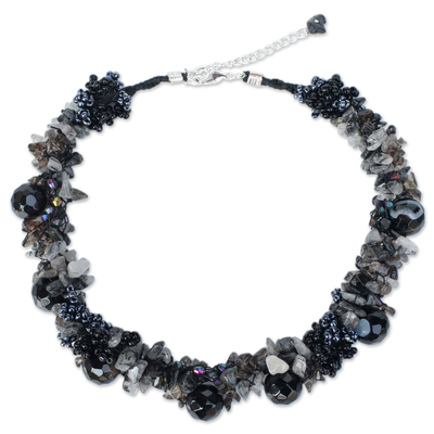 Black agate and rutile quartz beaded necklace, 'Gush' - Agate and Quartz Beaded Necklace