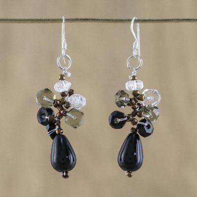 Agate and quartz cluster earrings, 'Glistening Sophistication' - Handmade Thai Dangle Agate Earrings