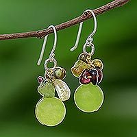 Pearl and peridot cluster earrings, 'Freshness' - Hand Crafted Beaded Multigem Earrings