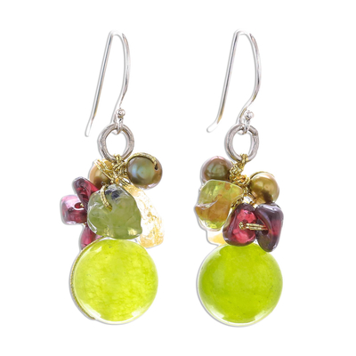 Pearl and peridot cluster earrings, 'Freshness' - Hand Crafted Beaded Multigem Earrings