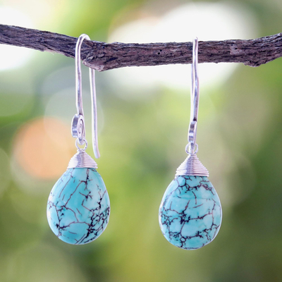 Silver dangle earrings, 'Subtle' - Reconstituted Turquoise and Silver Dangle Earrings