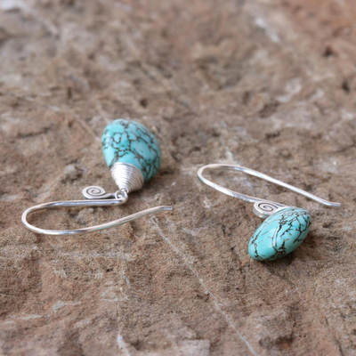 Silver dangle earrings, 'Subtle' - Reconstituted Turquoise and Silver Dangle Earrings
