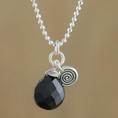 Onyx pendant necklace, 'Subtle' - Sterling Silver and Onyx Pendant Necklace