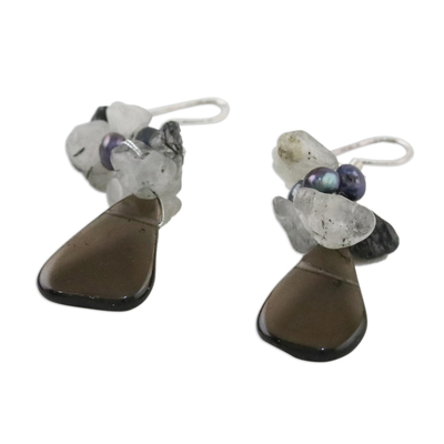 Pearl and quartz cluster earrings, 'Blossoming Night' - Pearl and Quartz Cluster Earrings