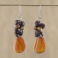 Pearl and garnet cluster earrings, 'Blossoming Sun' - Pearl and Garnet Dangle Earrings