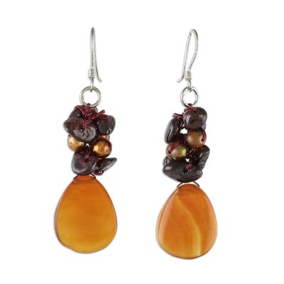 Pearl and garnet cluster earrings, 'Blossoming Sun' - Pearl and Garnet Dangle Earrings