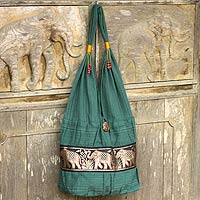 Cotton shoulder bag, 'Emerald Thai' - Embroidered Cotton Shoulder Bag