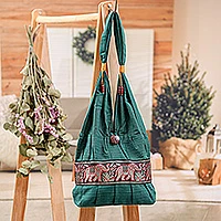 Cotton shoulder bag, 'Emerald Thai' - Elephant Embroidery Shoulder Bag