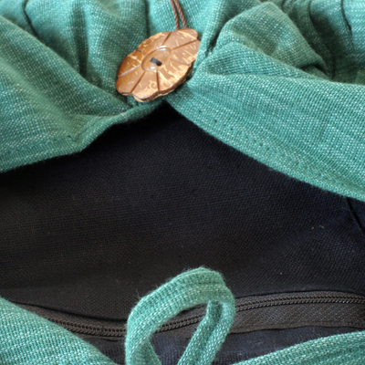Cotton shoulder bag, 'Emerald Thai' - Elephant Embroidery Shoulder Bag