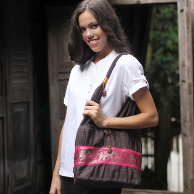 Cotton shoulder bag, 'Scarlet Thai' - Handmade Grey Cotton Shoulder Bag 