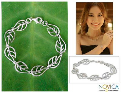 Sterling silver link bracelet, 'Vitality' - Sterling Silver Leaf Link Bracelet