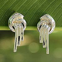 Sterling silver button earrings, 'Waterfall' - Hand Made Sterling Silver Button Earrings