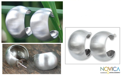 Sterling silver half hoop earrings, 'Satin Curves' - Sterling silver half hoop earrings