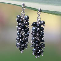 Pearl and onyx cluster earrings, 'Dazzling Licorice' - Hand Made Onyx and Pearl Cluster Earrings