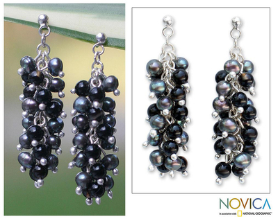 Pearl and onyx cluster earrings, 'Dazzling Licorice' - Hand Made Onyx and Pearl Cluster Earrings
