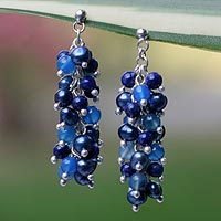 Pearl and lapis cluster earrings, 'Dazzling Mint' - Lapis Lazuli and Pearl Dangle Earrings