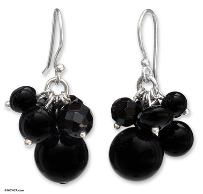 Onyx cluster earrings, 'Midnight Friends' - Unique Beaded Onyx Earrings