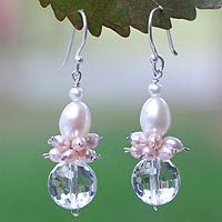 Pearl and quartz cluster earrings, 'Ballerina' - Pearl and Quartz Dangle Earrings