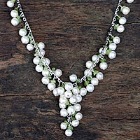 Pearl and peridot pendant necklace, 'Green Iridescence'
