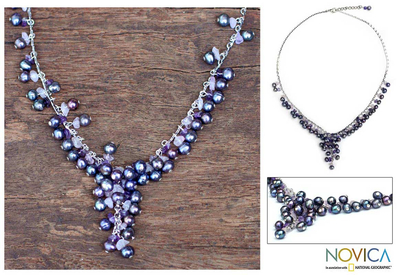 Pearl and amethyst pendant necklace, 'Violet Iridescence' - Pearl and amethyst pendant necklace