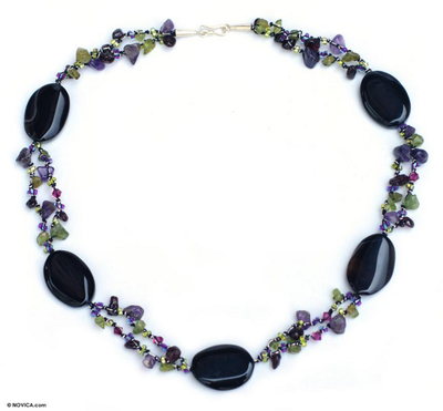 Onyx and amethyst beaded necklace, 'Magical Enchantment' - Unique Onyx and Amethyst Beaded Necklace