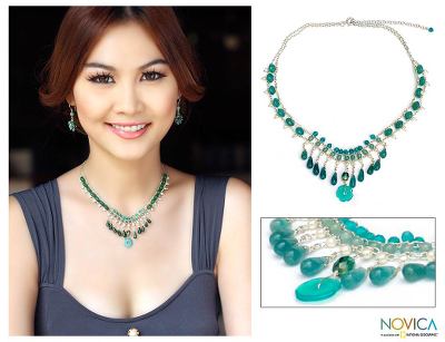 Cultured pearl and aventurine waterfall necklace, 'Verdant Dew' - Pearl and Aventurine Waterfall Necklace