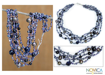 Pearl and onyx strand necklace, 'Rivers of Color' - Beaded Pearl and Onyx Necklace