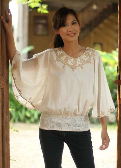 Cotton blouse, 'Cool Day' - Artisan Crafted Cotton Embroidered Blouse