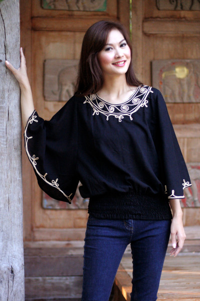 Cotton blouse, 'Cool Night' - Women's Embroidered Cotton Top