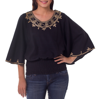 Cotton blouse, 'Cool Night' - Women's Embroidered Cotton Top