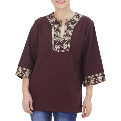 Cotton blouse, 'Cosmopolitan Earth' - Artisan Crafted Cotton Tunic