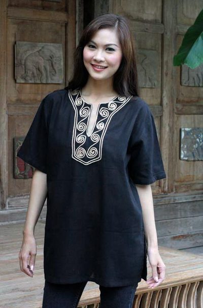 Cotton blouse, 'Black Jasmine' - Handcrafted Cotton Blouse